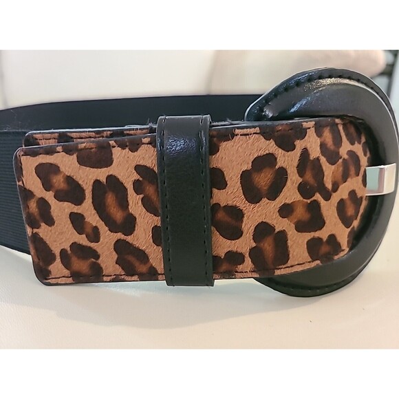 Chico's Womens Stretch Animal Print Genuine Haircalf Black Leather Belt Size M - Picture 3 of 5